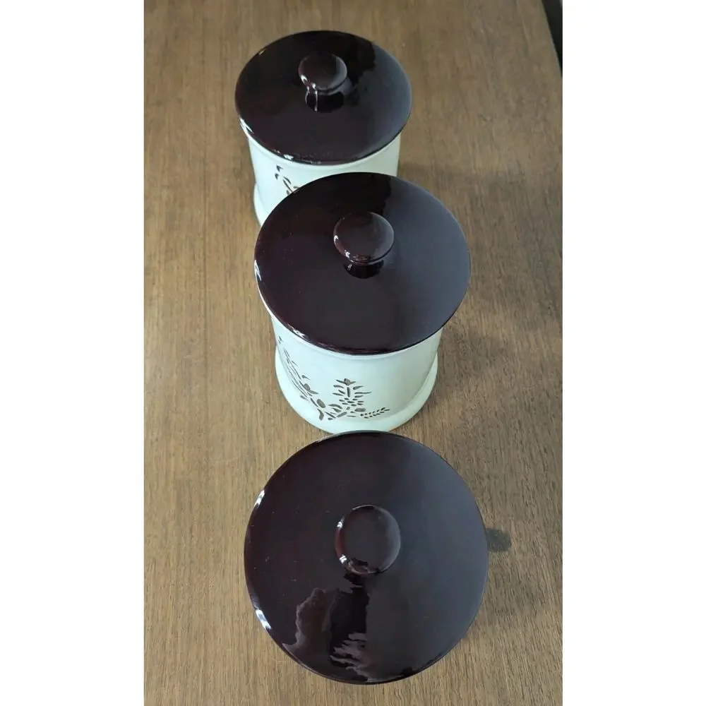 Vintage Holiday Designs USA Canister Set Of 3 Ceramic Brown White Floral Cut Out